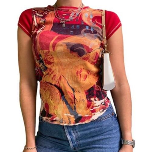 Women Summer Slim-fit T-shirt, Adults Printed Round Neck Short Sleeve Pullover (Red)