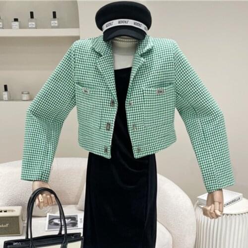 Autumn Winter Womens Vintage Houndstooth Tweed Jacket Coat Korean Fashion Slim OL Short Coats Females Casual Outwear Crop Top