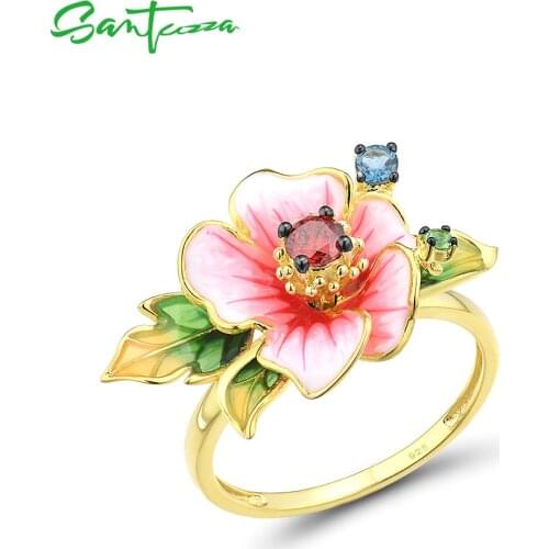 SANTUZZA Pure 925 Sterling Silver Rings For Women Exquisite Blooming Flower Garnet CZ Ring Party Fine Jewelry Handmade Enamel