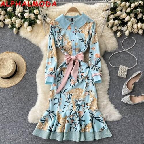 ALPHALMODA 2021 Autumn Ladies' Elegant Dress Peter Pan Color Flora Printed Sashes Bow Women Slim Sweet Mermaid Dress