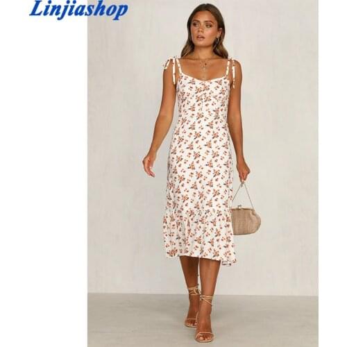 Vintage midi dress women rayon fabric spaghetti straps lining zipper ruffles floral print long beach dress
