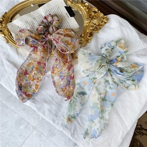1Pcs Bowknot Ribbon Hair Rope Floral Satin Headbands Girls Chiffon Scrunchies For Women Ponytail Holder Decorate Accessories