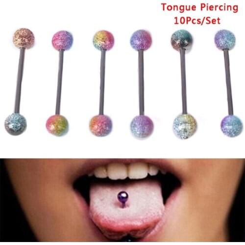 10PCS/Set Steel Colorful Barbell Tongue Bars Rings Body Piercing Jewelry 14G