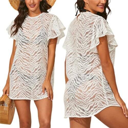 2021 Lace Swimwear Women Bikini Cover Up Tulle Mesh Ruffled Short Sleeve Beach Smock Dress Beachwear Sexy Mini Dresses