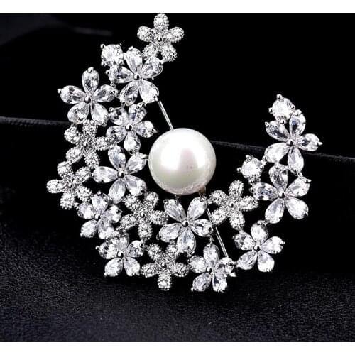 Red Trees Brand Brooch Pins For Women Clothes Accessory With Luxury AAA Cubic Zirconia and Man-made-Pearl / Box Package