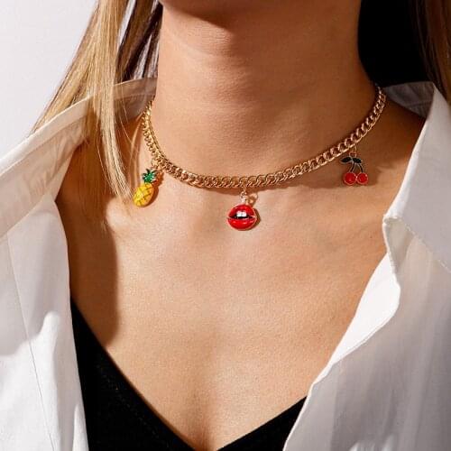 Butterfly Charms Gold Chain Choker Necklace Jewelry Women Cherry Red Lips Pineapple Cute Charms Girls Fashion Clavicle Necklace