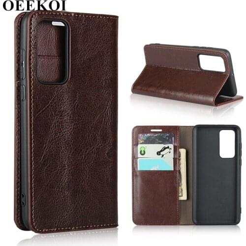OEEKOI Crazy Horse Genuine Leather Wallet Flip Case for Huawei P40