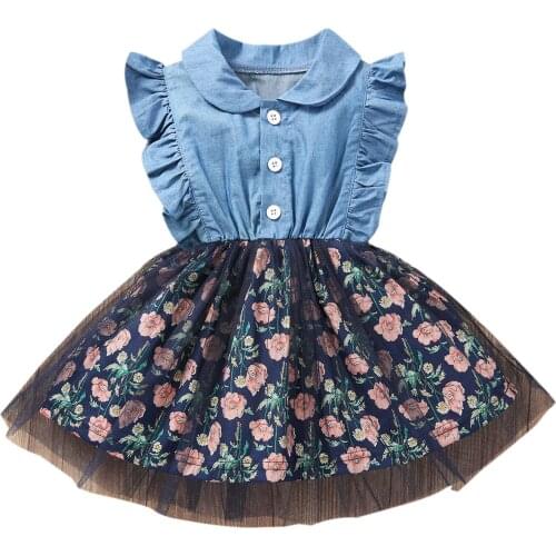 Children Floral Print Denim Dress with Ruffles Girls Sleeveless Lapel Neck High Waist Mesh Sundress Bow Party Dress