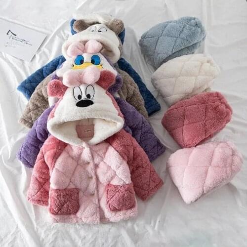 Children Winter Pajamas Hooded Cartoon Duck Fleece Set Bow Kids Longer Sleepwear Girls Coral Velvet Home Clothes Robes Thick