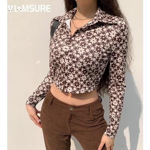 IAMSURE Elegant Floral Print Casual Shirt Slim Turn-Down Collar Long Sleeve Crop Tops Women 2021 Spring Autumn Streetwear Ladies