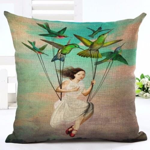 Aestheticism Style Hot Selling Classical Bird Girl Printing Linen Cotton Cushion Cover Throw Pillow Sofa Pillow Cojines