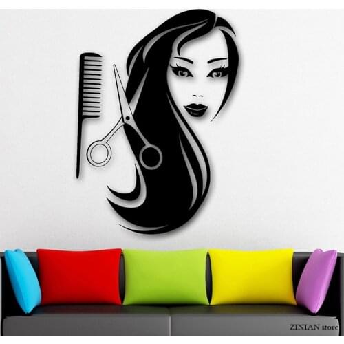 Hot Sexy Girl Wall Decals Long Hair Scissors Barber Comb Wall Sticker For Barbershop Removable Art Mural Home Decoration H051