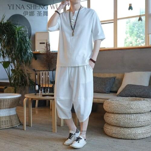 2pcs Set Japanese Style Suits Kimono Short-Sleeved Harajuku T-shirt Pants Men Tops Trousers Male Japan Harajuku Yukata Costumes