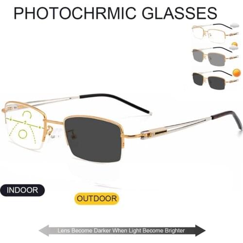 New Chameleon Reading Glasses Men Women Multifocal Progressive Readers Glasses Photochromic Hyperopia Eyeglasses Metal Frame 2.5