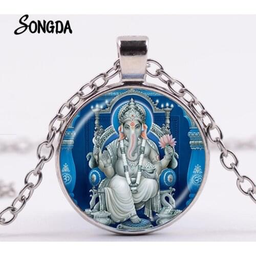 Ganesha Buddha Elephant Necklace Hindu Elephant Lord Lotus Meditation Spiritual Glass Pendant 4 Colors Long Chain Jewelry