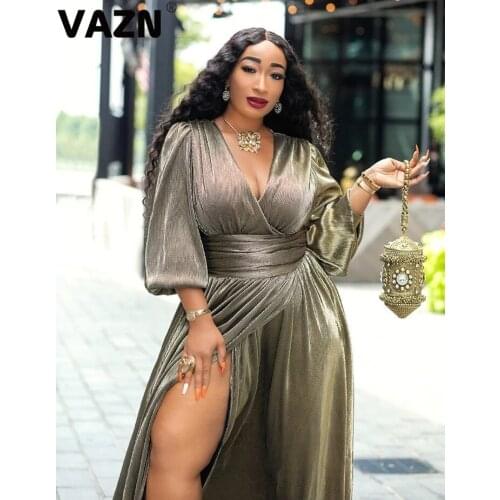 VAZN New arrival 2020 summer sexy lady golden solid ankle-length dress full sleeve deep V-neck vent dress elegant party dress