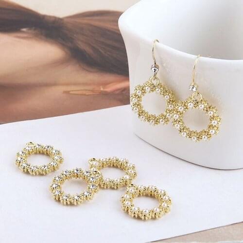 Gold Tone Plated Zinc Alloy Charms Crystal Rhinestone Pearl Paved Round Circle Earring Floating Pendant Charm 30pcs 22*20mm