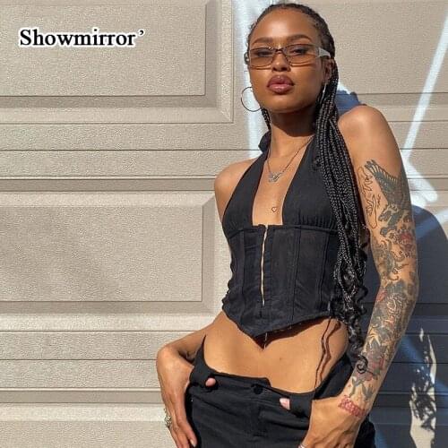Showmirror Black Sexy Low Cut Tank Tops For Women Halter Skinny Bandage Slim Waist Sleeveless Female Crop Tops Streetwear