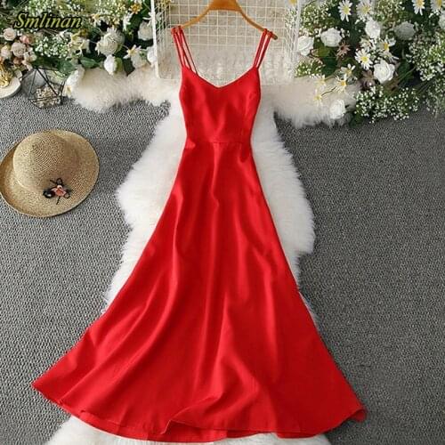 Smlinan Summer Sexy Prom Evening Party Dress Women V Neck Backless Spaghetti Strap Dresses Elegant Bohemian Beach Dress Female