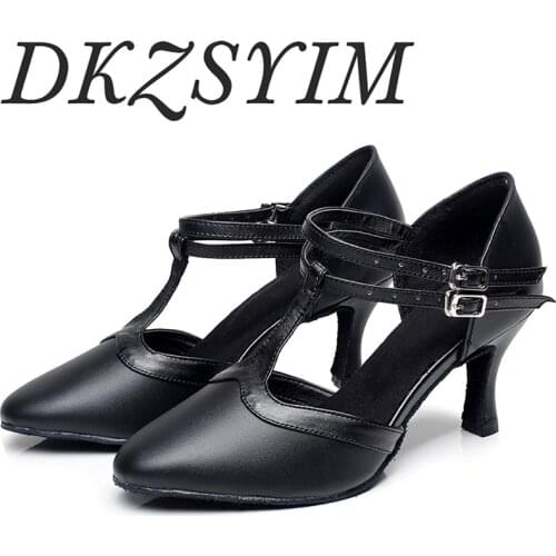 Professional ladies ballroom dance Latin dance shoes leather black tango shoes ladies closed toe salsa shoes female high heels