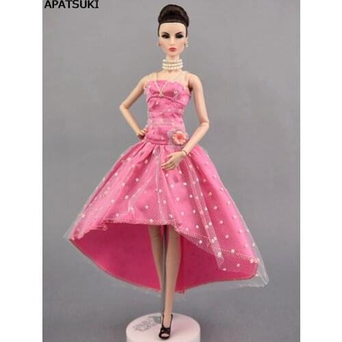 Pink Dotted Polka Party Dress High Quality Evening Gown Clothes For Barbie Doll Miniature kids Toy 1/6 Doll Accessories