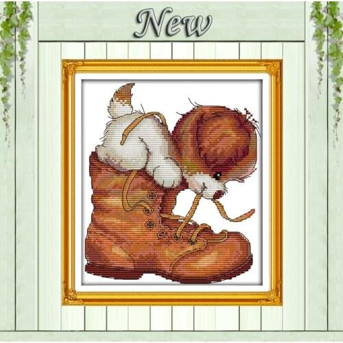 Lovely Dog and shoes,counted printed on canvas DMC 11CT 14CT Cross Stitch kit,needlework embroider for Set,small size Home Decor