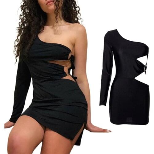 Hollow Out Metal Ring Cut Out Bodycon Dress Womens One Shoulder Mini Dresses Long Sleeve Short Sexy Party Clubwear Vestidos
