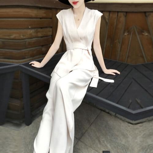 Women 2021 Summer 2 Two Piece Pants Set Female Elegant Sets Ladies Chic Outfits Sleeveless Blouse Top Wide Leg Pants Suit A827