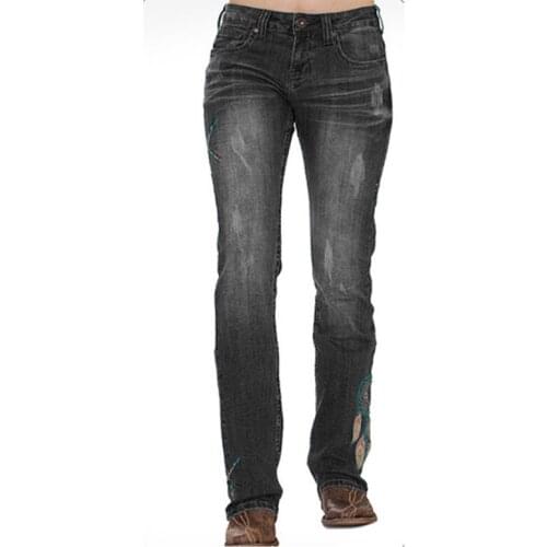 Feather Embroidered Slim Plus Size Women Jeans Full Length Casual Straight Denim Pants Ogrodniczki Damskie Kadin Pantolon Jeans