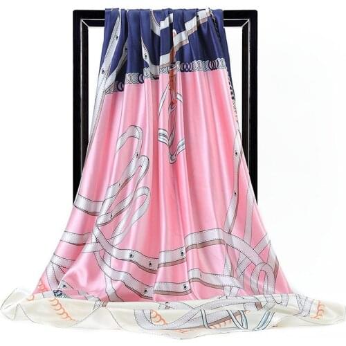 Temperament Womens Head Scarves Fashion Chain Patchwork Blue White Flower Printing Decorate Female Sex Square Scarf