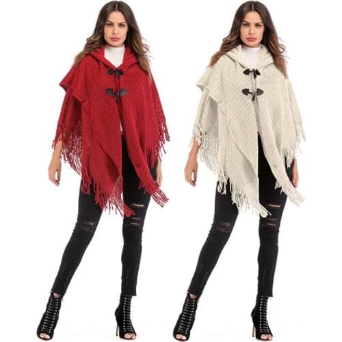 Woman Solid Hooded Cape Poncho Autumn Winter Knitted Sweater Outdoor Wear Tassel Cardigan With Button Batwing Coat For Female
