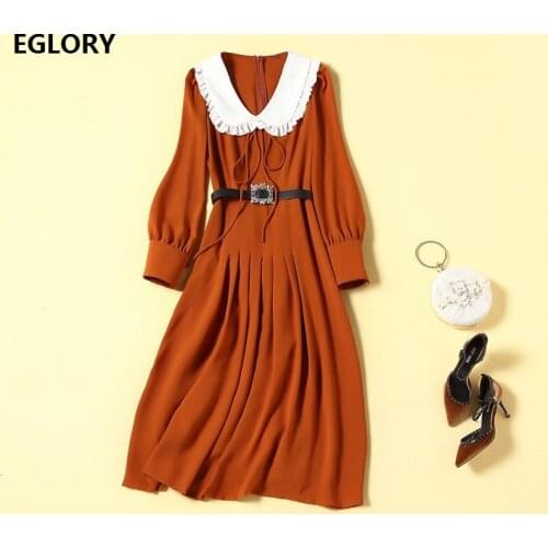 High Quality New Celebrity Style Dress 2021 Spring Summer Women White Turn-down Collar Beading Belt Deco Long Sleeve Work Dress