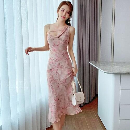 Fashion French Vintage Swinging Collar Midi Party Dress Ladies Elegant Coffee Break Casual Sleeveless Print Beach Vacation Dress