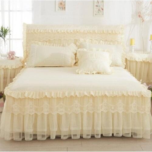 Beige/Pink 1pcs Lace Bed Skirt+2pcs Pillowcases Princess Bedding Bedspreads Fitted Sheet For Girl Mattress Cover King Queen size