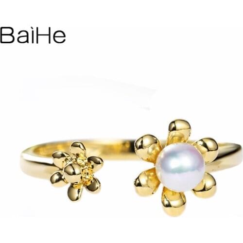 BAIHE Solid 14K Yellow Gold 4-4.5mm Round Natural Freshwater pearl Wedding Women Trendy Fine Jewelry Exquisite flower pearl ring