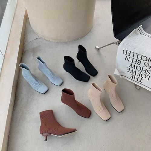 Knitted Toe Women Stretch Boots Thin Mid Heels Slip On Sock Boots Woman Fashion Winter Boots 4 Colors Short Boots Woman Size 39