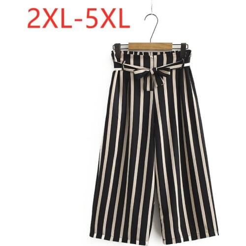 New 2021 Ladies Summer Plus Size Cropped Pants For Women Loose Casual Wide Leg Cotton Black Stripe Trousers 2XL 3XL 4XL 5XL
