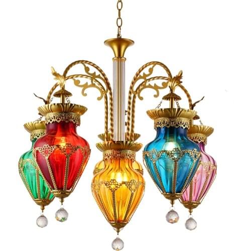 European Turkish Crystal Pendant Lights Country Living Room Restaurant Bar Color Glass Hanging Lamps Decoration Thai Lighting