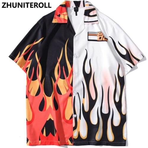 Vintage Flame Print Patchwork Hawaiian Beach Shirts Hip Hop Button Shirt Mens Fashion Short Sleeve Holiday Party Blouse Tops