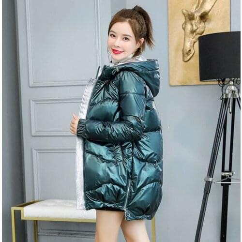 Bright Face Cotton Jacket Womens 2021 New Fashion Winter Coat Womens Clothing Mid-length Loose Hooded Women Down Cotton Jacket