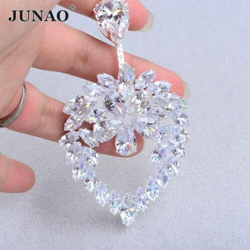 JUNAO 1pcs 50x90mm Sewing Clear Flower Crystal Zircon Rhinestone Brooches Large Zirconia Strass Applique For Wedding Jewelry