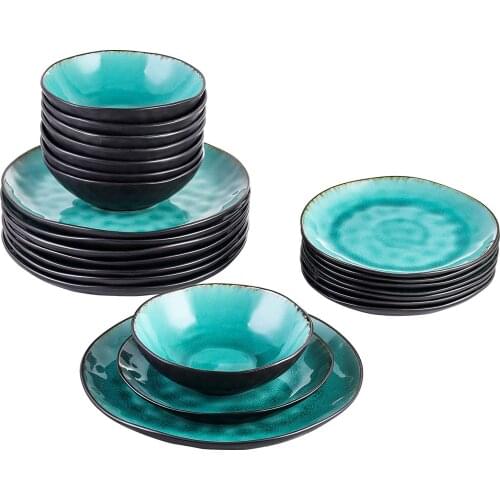 VANCASSO Aqua 24-Piece Pottery Stoneware Vintage Look Ceramic Green Dinnerware Set with 8*Dinner Plate,Dessert Plate,Bowl Set