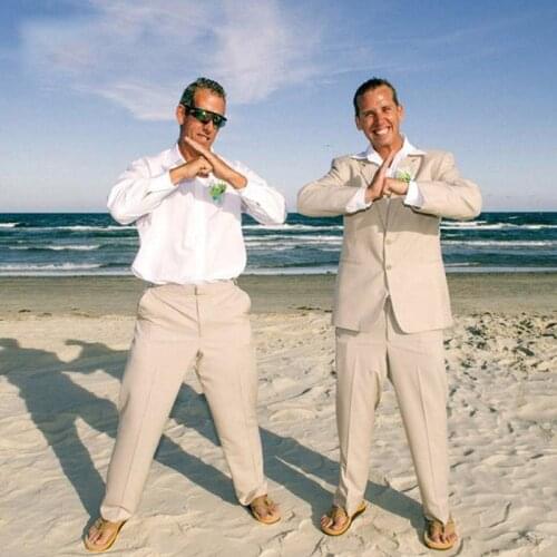 Summer Sun Beach Ivory Linen Men Suits For Wedding Suits Groom Bridegroom Slim Fit Casual Tuxedos Best Man 2Pieces(Jacket+Pants)