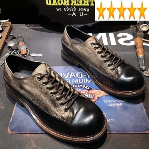 100% Vintage Washed Real Patchwork Leather Men Handmade Round Toe Oxford Breathable Luxury Platform Dress Shoes