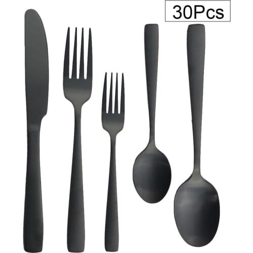 30Pcs Black Matte Flatware Set Knife Fork Spoon Dinnerware Cutlery Set Stainless Steel Tableware Set Dessert Silverware Kitchen