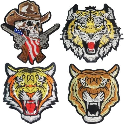 Skull Patches On Clothes Tiger Patch Punk Biker Embroidered Patch For clothes Iron On Patches For Jacket Stripe Applique