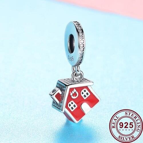 Original 925 Sterling Silver Charm Red Enamel Christmas Home Pendant Fit Pandora Women Bracelet & Necklace Diy Jewelry