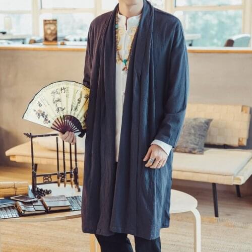 #4326 Kimono Cotton Linen Trench Coat Men Plus Size 4XL Loose Chinese Style Long Coat Mens Vintage Windbreaker Casual Jacket