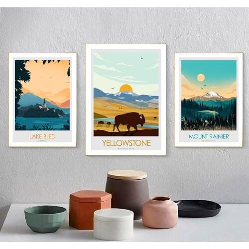 Nature Landscape Wall Art Canvas Oil Painting Yellowstone Lake Bled Posterand Prints Decor Sunset Picture For Room Modern Decor