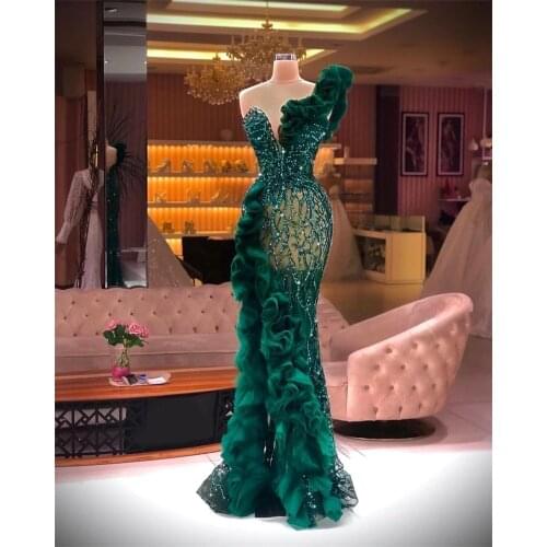 Luxury Evening Dresses Fashion Design Side Split Ruffles Tulle Mermaid Prom Dress Glitter Sequins Beads Custom Made Formal Gown